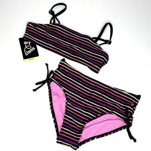 Art Class Girls 2pc Black Pink Yellow Striped Swim Bikini Set Size 7/8 NEW!